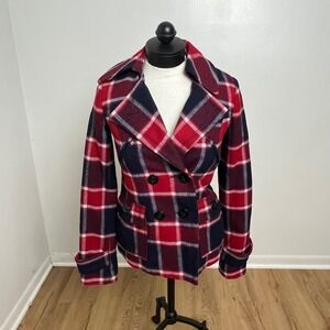 American Eagle Womens Wool Preppy Plaid‎ Pea Coat Jacket Red Blue XS